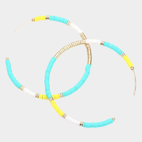 Kimmy Beaded Hoop Earrings Blue, Yellow, White and Gold