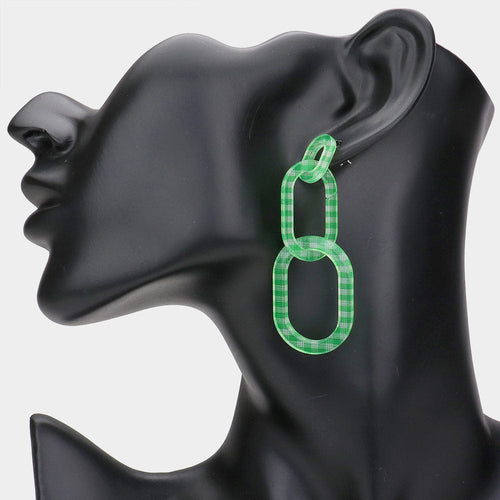 Nicole's Gingham Resin Oval Chain Earrings Green